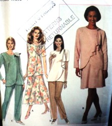 7427 SIMPLICITY ASYMMETRIC SHORT - LONG SLEEVE TOP, DRAPE OR NOT, BOTTOMS PATTERN 8-18
